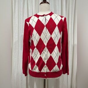 Lands' End Argyle Cardigan Sweater Red White Supima Cotton Button Front XL